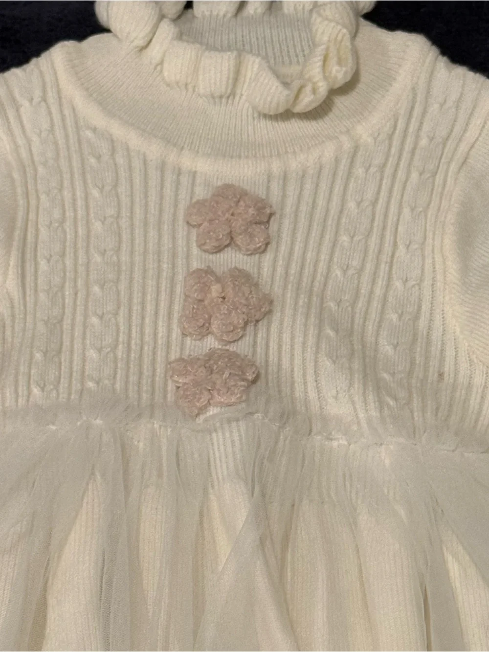 Le chic Cream Knit Tulle Formal Girls Dress Floral Appliqués 3T